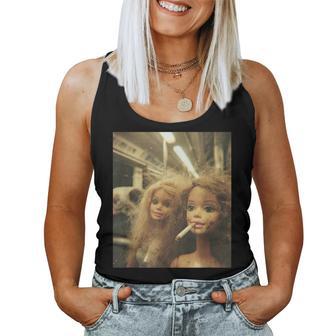 Retro Distressed Doll Smoking Meme Sarcastic Graphic Women Tank Top - Thegiftio