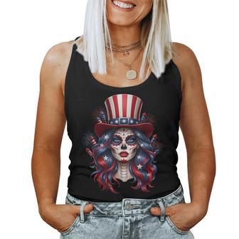 Sugar Skull 4Th Of July American Usa Flag Skeleton Women Women Tank Top - Thegiftio