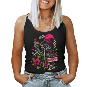 Welcome To Paradise Goth Summer Skeleton Flamingo Sunset Women Tank Top - Monsterry
