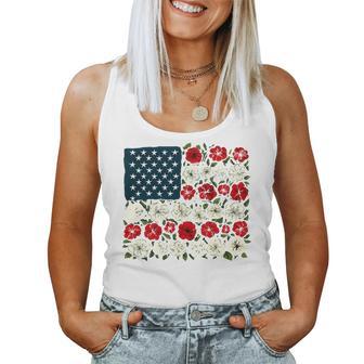 Floral American Flag Red White Blue Usa 4Th Of July Women Tank Top - Monsterry DE