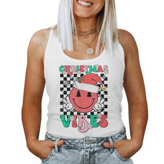 Groovy Christmas Vibes Smile Face Santa Hat Xmas Ns Girls Women Tank Top | Seseable UK
