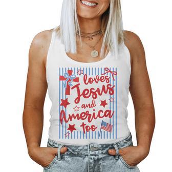 Loves Jesus And America Too 4Th Of July Christian Stripes Women Tank Top - Thegiftio UK