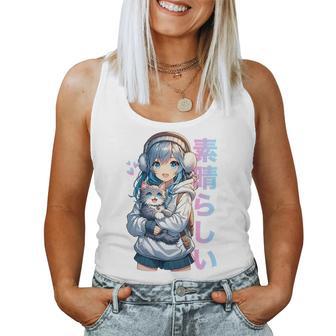 Mignon Anime Fille Avec Un Chat Pour Amoureux Des Chats Kawaii Otaku Manga Haut De Gamme Débardeur pour femme - Cadeauxyz