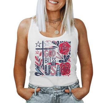 Retro Boho Floral God Bless The Usa Christian 4Th Of July Women Tank Top - Thegiftio UK