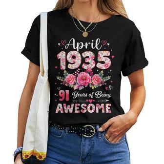 91歳 1935年4月 花柄 91歳 誕生日 男性 女性 レディースTシャツ - Kawaiitshirt
