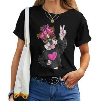 Cute Boxer Girl Lunettesymbole Paix Chien Graphique Nœud Rose T-shirt femme - Cadeauxyz