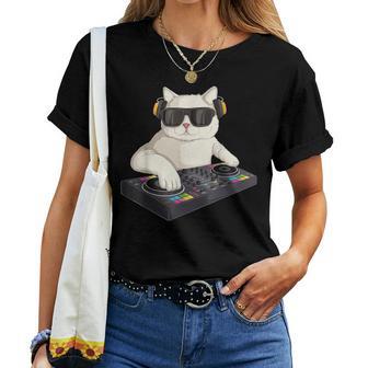 Dj Cat Techno Music Festival Lover Musician Women レディースTシャツ - Kawaiitshirt