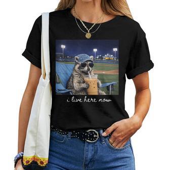 Racoon Drinking Iced Coffee At Ballfield Baseball Mama Women T-shirt | Mazezy