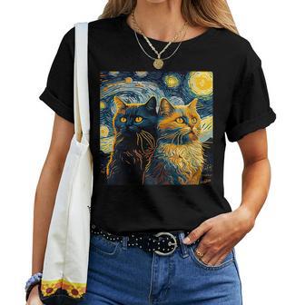Gatos Negrosan Gogh Noche Estrellada Gato Amante Dueño Gato Mamá Papá Cuello Camiseta de mujer - Regaloses