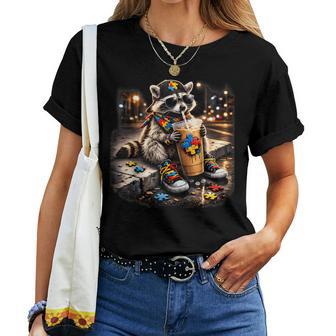 Raccoon Drinking Iced Coffee Autism Awareness Animal Meme Women T-shirt | Seseable UK
