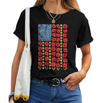 Red Poppy Flower American Flag Memorial Day Poppies Women T-shirt | Mazezy