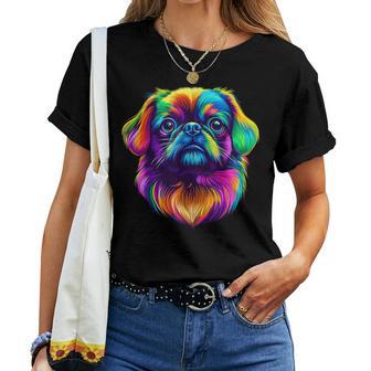 カラフル ペキニーズ犬の顔 かわいい 子犬好き 男性 女性 黒 レディースTシャツ - Kawaiitshirt