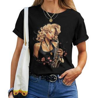 サックスを吹くピンナップの女の子 サックス奏者 ヴィンテージ レディースTシャツ - Kawaiitshirt