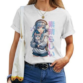 Mignon Anime Fille Avec Un Chat Pour Amoureux Des Chats Kawaii Otaku Manga Haut De Gamme T-shirt femme - Cadeauxyz