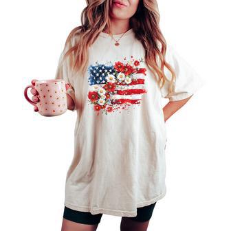 4Th Of July Floral American Flag Wildflowers Patriotic Women's Oversized Comfort T-shirt - Seseable