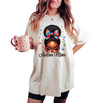 Autism Mom Afro Black Autism Awareness Messy Bun Women's Oversized Comfort T-shirt - Thegiftio UK