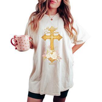 My First Communion 2026 Floral Cross Catholic Girls Women's Oversized Comfort T-shirt - Seseable