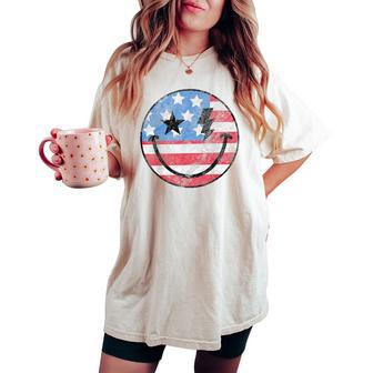 Happy 4Th Of July Groovy Smile Face Red White Blue Usa Flag Women's Oversized Comfort T-shirt - Thegiftio