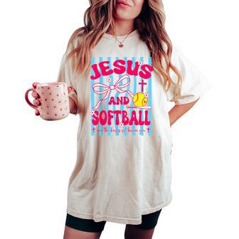 Jesus And Softball Bow Christian Mom Mama Girls Faith Womens Women's Oversized Comfort T-shirt - Monsterry