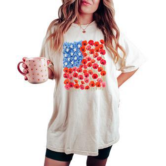 Patriotic Poppies & Hydrangeas Flowers In Floral Us Flag Women's Oversized Comfort T-shirt - Thegiftio UK