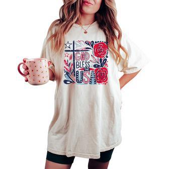 Retro Boho Floral God Bless The Usa Christian 4Th Of July Women's Oversized Comfort T-shirt - Thegiftio UK