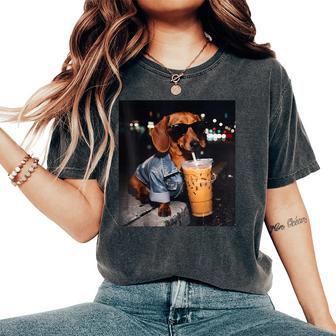 Cool Dachshund Drinking Iced Coffee Lover Humor Women's Oversized Comfort T-Shirt - Monsterry