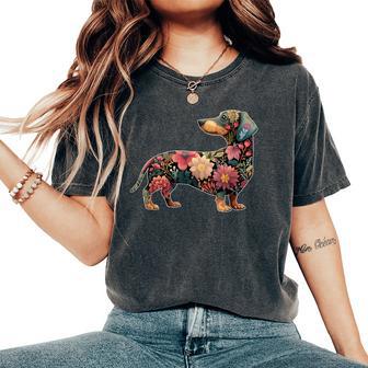 Cute Dachshund Floral Flower Women's Oversized Comfort T-Shirt - Monsterry