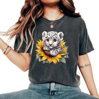 Cute Snow Leopard Cub In Sunflower Bloom Women's Oversized Comfort T-Shirt - Thegiftio