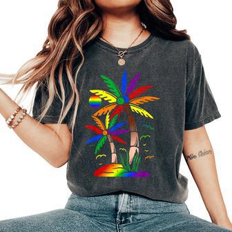 Palm Trees Rainbow Flag Gay Pride Lgbt Summer Vacation Women's Oversized Comfort T-Shirt - Thegiftio UK