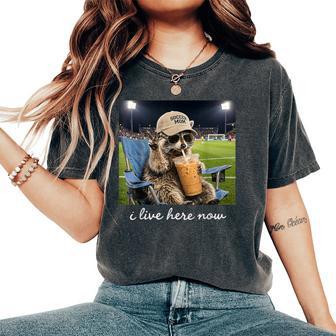 Raccoon Soccer Mama Field I Live Here Now Iced Coffee Women's Oversized Comfort T-Shirt - Thegiftio UK