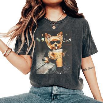 Yorkie Drinking Iced Coffee Cute Dog Meme Humor Women's Oversized Comfort T-Shirt - Thegiftio UK