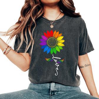 Gay Pride Love Sunflower Rainbow Flag Lgbtq Ally Lgbt Womens Women's Oversized Comfort T-Shirt - Thegiftio UK