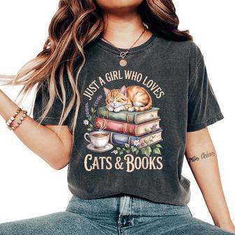 Just A Girl Who Loves Cats And Books Reading Librarian Women's Oversized Comfort T-Shirt - Monsterry