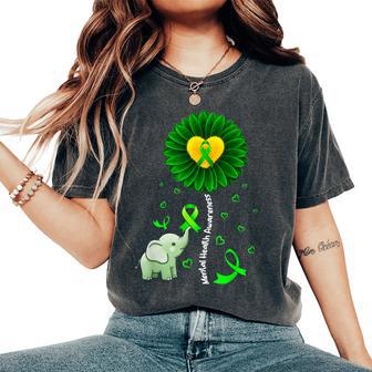 Mental Health Awareness Sunflower Green Ribbon Elephant Women's Oversized Comfort T-Shirt - Monsterry