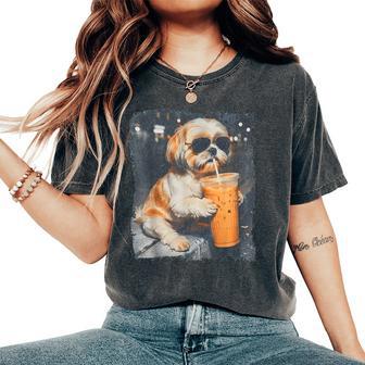Shih Tzu Drinking Iced Coffee Women's Oversized Comfort T-Shirt | Seseable CA