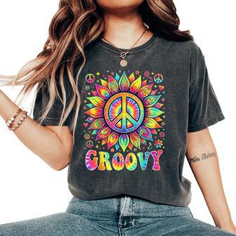 Tie Dye Groovy Sunflower Peace Sign Hippie Women's Oversized Comfort T-Shirt - Thegiftio
