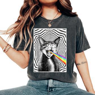 Trippy Cat Spiral Hypnotic Rainbow Black White Vortex Retro Women's Oversized Comfort T-Shirt - Thegiftio UK