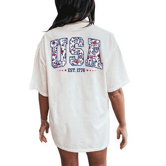 Distressed Floral Usa Est1776 Coquette Patriotic 4Th July Women's Oversized Comfort T-Shirt Back Print - Thegiftio UK