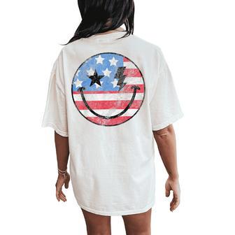 Happy 4Th Of July Groovy Smile Face Red White Blue Usa Flag Women's Oversized Comfort T-Shirt Back Print - Thegiftio UK