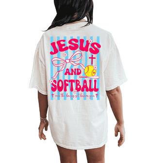 Jesus And Softball Bow Christian Mom Mama Girls Faith Womens Women's Oversized Comfort T-Shirt Back Print - Monsterry