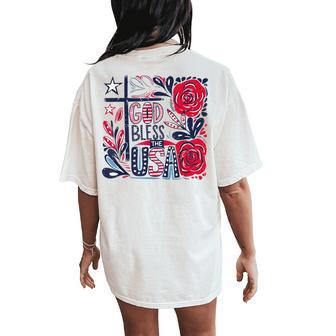Retro Boho Floral God Bless The Usa Christian 4Th Of July Women's Oversized Comfort T-Shirt Back Print - Thegiftio UK