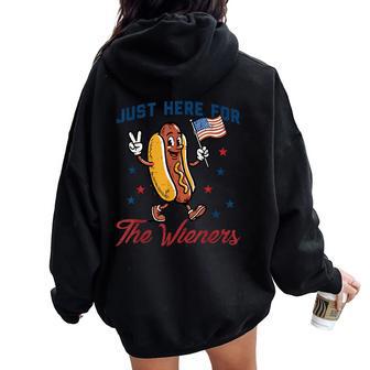 4Th Of July Here For Wieners Us Flag Hotdog Kids Women Oversized Hoodie Back Print - Thegiftio UK