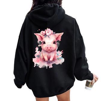 Adorable Petit Cochon Rose Aquarelle Floral De La Ferme Animal De La Ferme Oink Sweat à capuche oversize pour femme avec imprimé dans le dos - Cadeauxyz