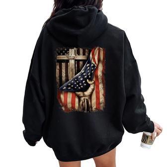 American Usa Flag Christian Cross Patriotic On Back Women Oversized Hoodie Back Print - Thegiftio UK