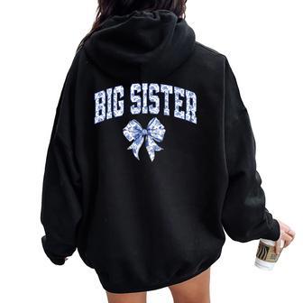 Big Sister Coquette Toile Blue Bow Floral Family Matching Women Oversized Hoodie Back Print - Thegiftio UK