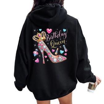 Birthday Queen Crown High Heel Hearts Stars Girls Women Oversized Hoodie Back Print - Thegiftio UK