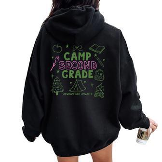 Camp Second Grade Teacher Camping Hiking Adventure Awaits Women Oversized Hoodie Back Print - Thegiftio