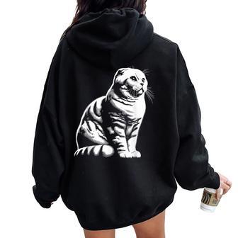 Cat Dad Mom Lover – モノクロスコティッシュフォールド。 レディース オーバーサイズ パーカー バックプリント - Kawaiitshirt