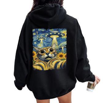 Cat Selfie With Ufo Starry Night Van Gogh Cat Kids Women Oversized Hoodie Back Print - Thegiftio UK