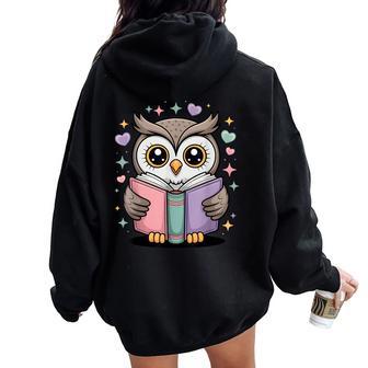 Cute Reading Owl Book Lover Teacher Librarian Bookworm Women Oversized Hoodie Back Print - Thegiftio
